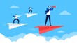 © Frogella.stock - Business leadership. Businessmen flying on paper planes, going to success, following leader. Leadership and teamwork vector concept. Manager forecasting strategy solution with spyglass