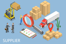 3D Isometric Flat Vector Conceptual Illustration Of Supplier Management, Global Logistics And Distribution
