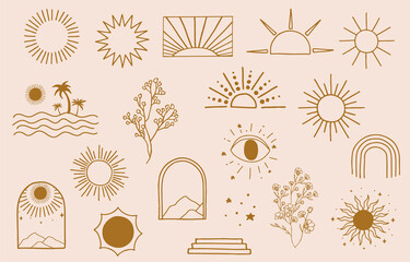 Wall Mural - collection of line design with sun,sea,wave.editable vector illustration for website, sticker, tatto