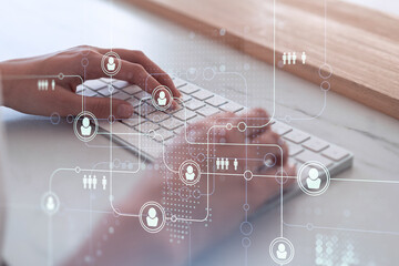 Wall Mural - hands of woman hr specialist is typing the keyboard in the internet to find the best candidates to c