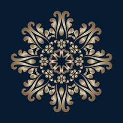 Wall Mural - Vintage gold jewelry brooch. Round decoration with floral scrolls. Elegant mandala pattern on dark blue background. Golden circle ornament in baroque style