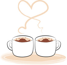 Two Cups Of Coffee And  Steam In Heart Shape.  Vector Illustration.