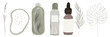 Bundle of compositions with tropical leaves and natural organic cosmetics products in bottles