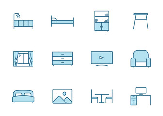 furniture line vector icons in two colors isolated on white background. furniture blue icon set for web design, ui, mobile apps and print