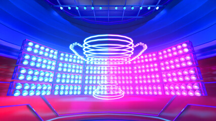 E-sport indoor stage which decorate with trophy neon light on background spotlight , 3d rendering picture.