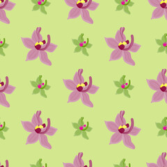  Purple orchid flowers bloom seamless pattern in doodle style. Green pastel background. Summer print.