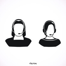 Call Center Operator With Headset Web Icon Design. Call Center Avatar Set. Client Services And Communication, Customer Support, Phone Assistance, Information, Solutions. Vector