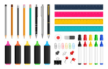 Office Stationery Big Set. School Supplies Collection. Pens, Pencils, Colored Markers, Eraser Rubber, Ruler, Pins And Paper Clips. Vector Illustration.