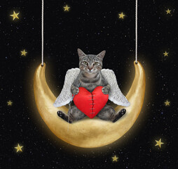 Wall Mural - A gray cat angel with a red broken heart is swinging on the moon at night.