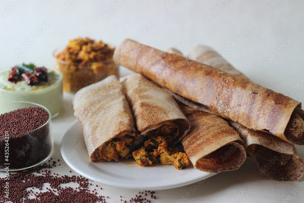 Pancake Condiments Crispy pancake made of fermented whole grain finger millet batter ...