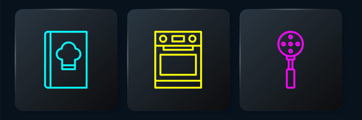 Set line Cookbook, Spatula and Oven. Black square button. Vector