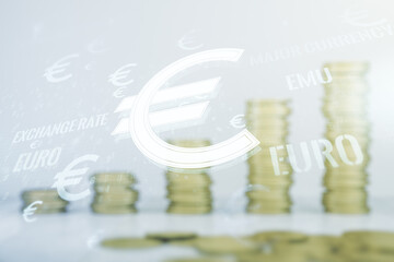 Virtual EURO symbols illustration on coins background, forex and currency concept. Multiexposure