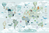 Fototapeta Boho - A drawn map of the world. World map for children. Children's world map in Russian. Map of the world with animals. A magical map of the world with clouds.