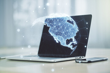 Wall Mural - double exposure of digital america map on laptop background, research and strategy concept