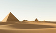 The vast desert is distant with pyramids and a number of camels walk in the desert. Daytime scenery in the desert The sun is bright and bright. 3D Rendering
