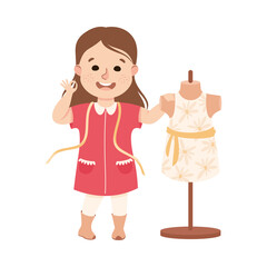 Wall Mural - Cheerful Girl with Measuring Tape Depicting Tailor Profession Vector Illustration