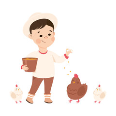 Sticker - Little Boy Feeding Livestock with Grain Representing Farmer Profession Vector Illustration