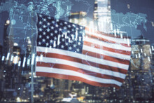 Multi Exposure Of Virtual Creative Financial Graph And World Map On USA Flag And Blurry Cityscape Background, Forex And Investment Concept