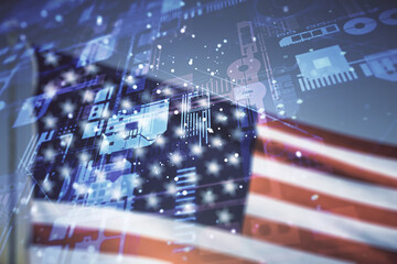 Wall Mural - double exposure of abstract creative programming illustration on us flag and blue sky background, bi