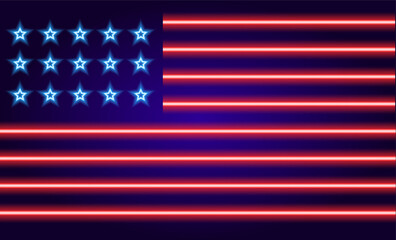 vector illustration of the neon sign of the US flag. glowing neon American flag with red stripes and blue stars on a dark blue background for the July 4th Independence Day design template. symbol of p