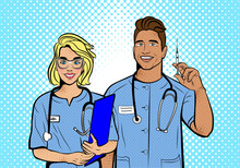 Doctors With Vaccine In Pop Art Style. Background In Comic Style Retro Pop Art. Illustration For Print Advertising And Web.	
