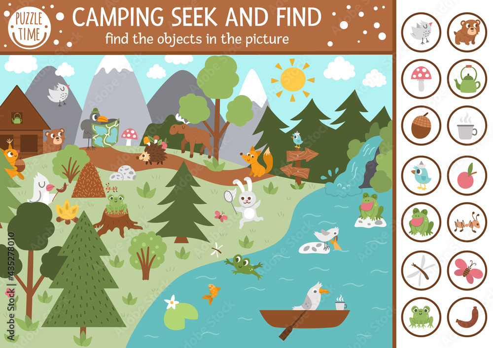vector-camping-searching-game-with-cute-animals-in-the-forest-spot-hidden-objects-in-the-picture-simple-seek-and-find-summer-camp-or-woodland-educational-printable-activity-for-kids-stock-vector for Free Seek And Find Printables Vector camping searching game with cute animals in the forest. Spot hidden objects in the picture. Simple seek and find summer camp or woodland educational printable activity for kids. Stock Vector | for Free Seek And Find Printables