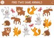 Find two same animals. Forest matching activity for children. Funny woodland educational logical quiz worksheet for kids. Simple printable game with cute bear, squirrel, rabbit, fox, moose, hedgehog..