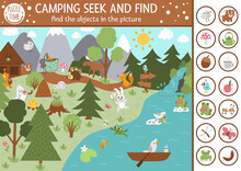Vector Camping Searching Game With Cute Animals In The Forest. Spot Hidden Objects In The Picture. Simple Seek And Find Summer Camp Or Woodland Educational Printable Activity For Kids.