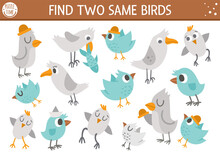 Find Two Same Birds. Forest Matching Activity For Children. Funny Woodland Educational Logical Quiz Worksheet For Kids. Simple Printable Seek And Find Game With Cute Animals..
