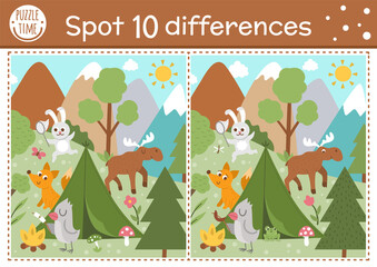 Wall Mural - Find differences game for children. Woodland educational activity with funny camping scene. Printable worksheet with cute animals in the wild. Summer nature puzzle for kids. Forest preschool sheet.