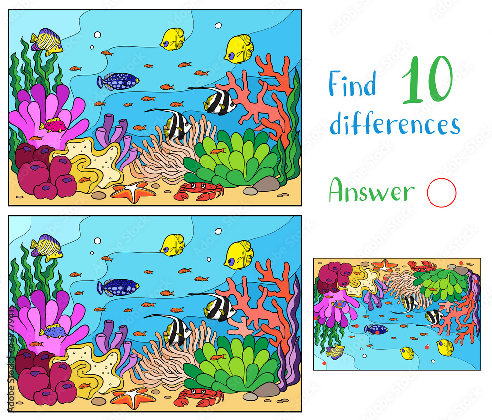 Find 10 differences. Educational game for children. Underwater life ...
