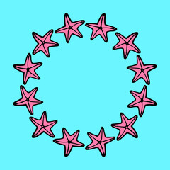 Wall Mural - vector round frame made of pink starfish with a blank space inside for text on a blue background. isolated pattern of hand-drawn doodle-style starfish with a pattern of black lines