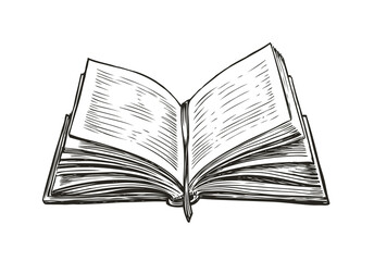 Opened book. Literature, education concept in vintage style. Hand drawn vector illustration