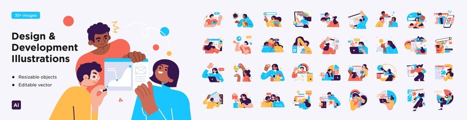 Design and Development illustrations. Mega set. Collection of scenes with men and women involved in software or web development. Trendy vector style