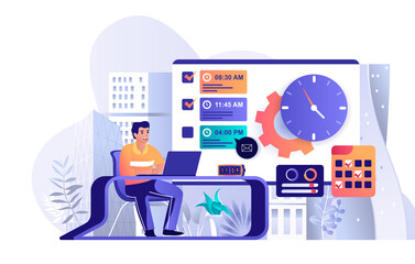 Time management concept in flat design. Planning and organizing workflow scene template. Man works at laptop, completes work tasks on deadline. Vector illustration of people characters activities