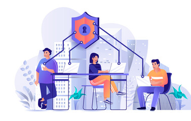 Aufkleber - Network security concept in flat design. Personal data protection across devices scene template. Men and women using laptops or smartphones safety. Vector illustration of people characters activities