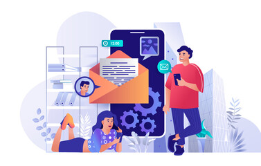 Aufkleber - Mobile email service concept in flat design. Newsletter sending, electronic mail scene template. Man and women receive messages at smartphones. Vector illustration of people characters activities