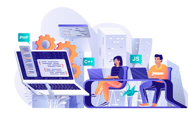 Programming software concept in flat design. Developers working on project scene template. Programmers working on laptops, coding code, developing. Vector illustration of people characters activities