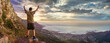 © Shawn - Victory and success after a hike up Table Mountain at sunset with dramatic sun rays. Great outdoors adventure and travel holiday destination, Cape Town, South Africa
