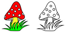 Toadstool Colorful And Black And White Vector Isolated On White Background. Cartoon Mushroom Illustraion.