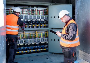 Wall Mural - checking the operating voltage levels of the solar panel switchgear compartment
