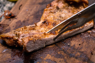 close up of a slice of grilled meat