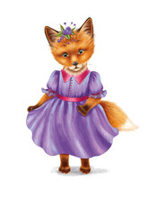 Cute Fox Baby In A Beautiful Dress With A Flower On Her Head. The Hand-drawn Red-haired Animal Character On A White Background. Good For Printing, Postcards, Posters. The Idea For Design With A Fox.