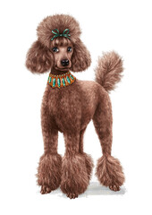 Сute brown poodle with a green bow and a beautiful emerald necklace. Hand-drawn portrait of dog girl, isolated on white background. Good for printing, postcards, posters, printed T-shirts.