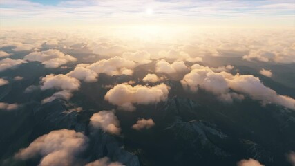 Wall Mural - view of clouds over the mountains with the sun over the horizon before sunset