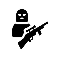 Terrorist with gun vector icon on white background.