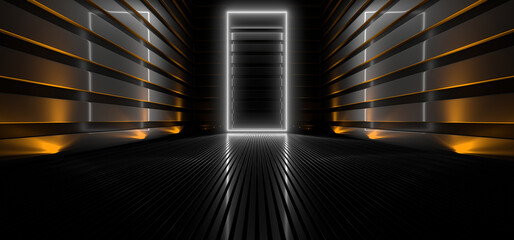 Wall Mural - Sci Fy neon lamps in a dark hall. Reflections on the floor and walls. 3d rendering image.