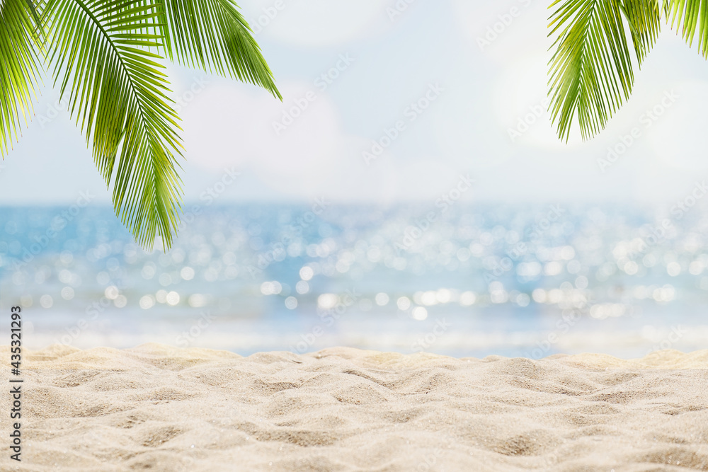 Abstract seascape with palm tree, tropical beach background. blur bokeh light of calm sea and sky. summertime vacation background concept. - obrazy, fototapety, plakaty 
