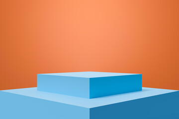 blue 3d rendering of stage podium pedestal on orange background abstract.