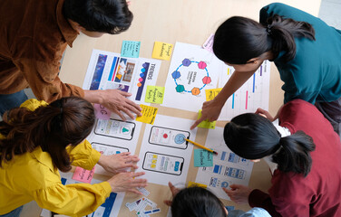 Wall Mural - brainstorm planing creative asian teamwork, group of asia mobile phone app developer team meeting fo